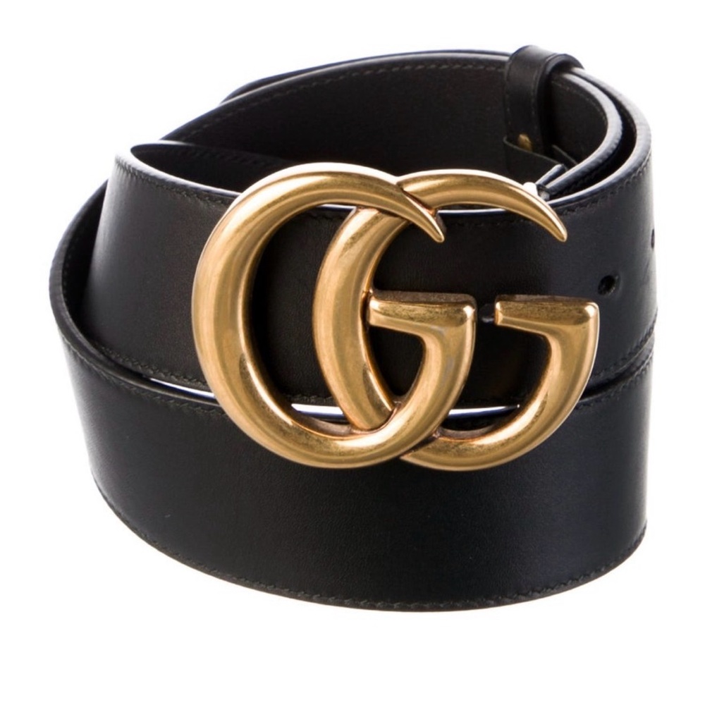 Authentic Gucci Black Leather Belt with Gold Double G Buckle